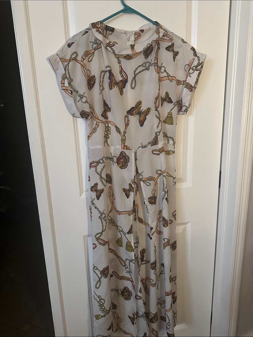 Light Cream Sheer Printed Maxi Dress with Chain, Butterflies & Tassel Motif